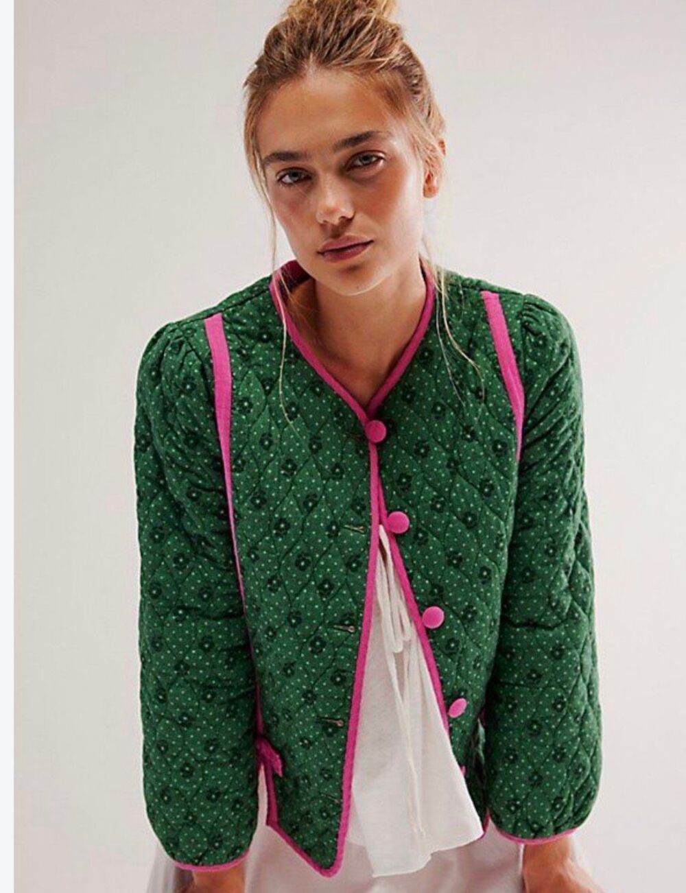 Damson Madder Diana Quilted Jacket Green Pink Piping Bows 16